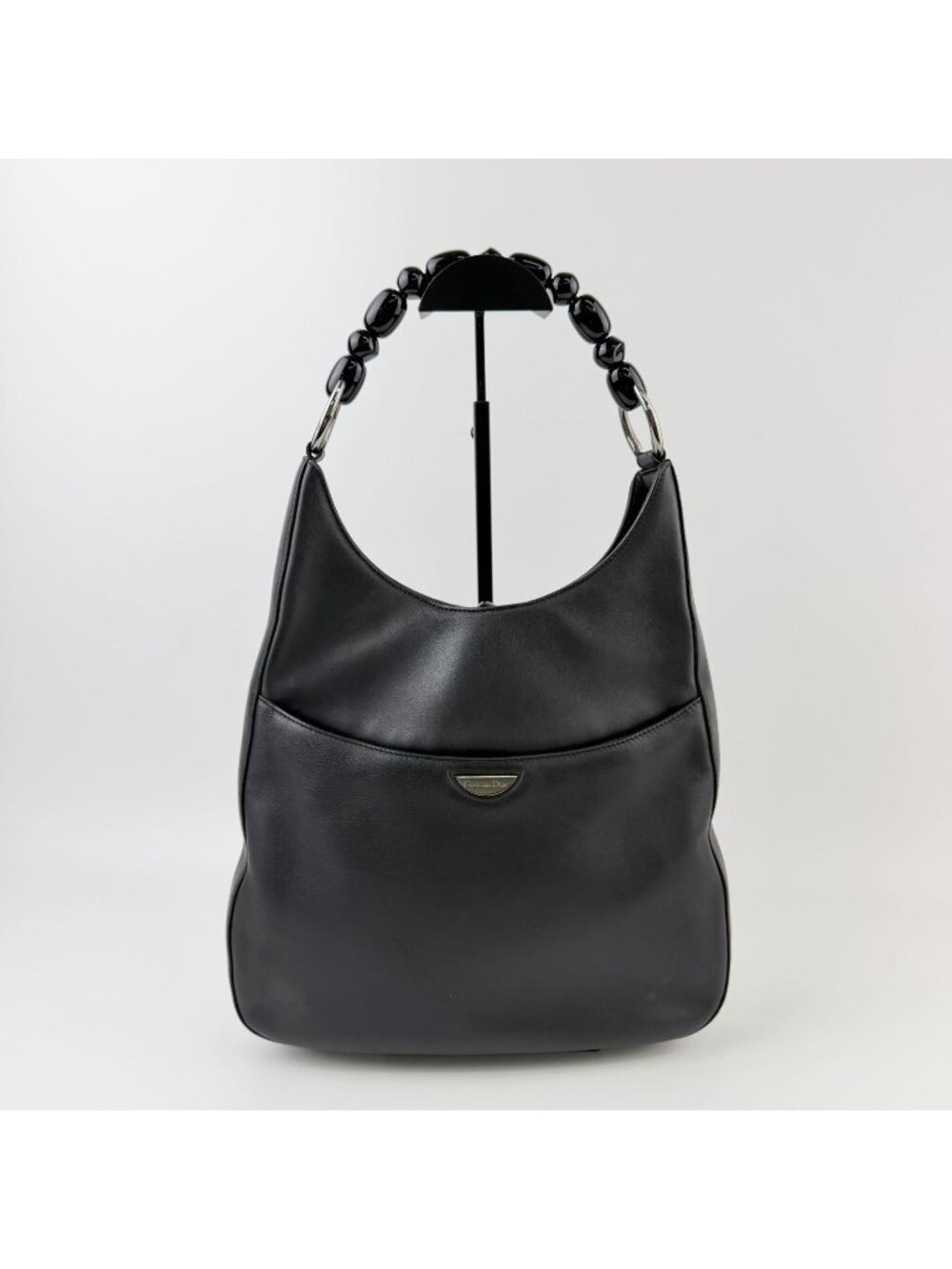 Dior Bead Handle Hobo Shoulder Bag Leather Black Silver Vintage